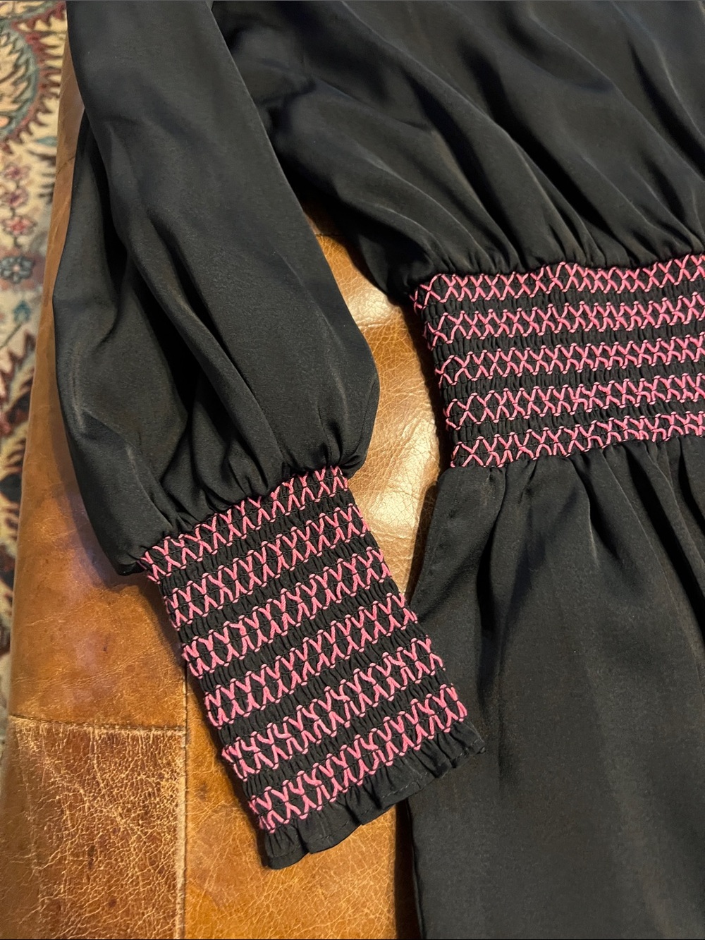 Emily McCarthy Frankie dress black with hot pink elastic details, leather collar - Picture 2 of 5